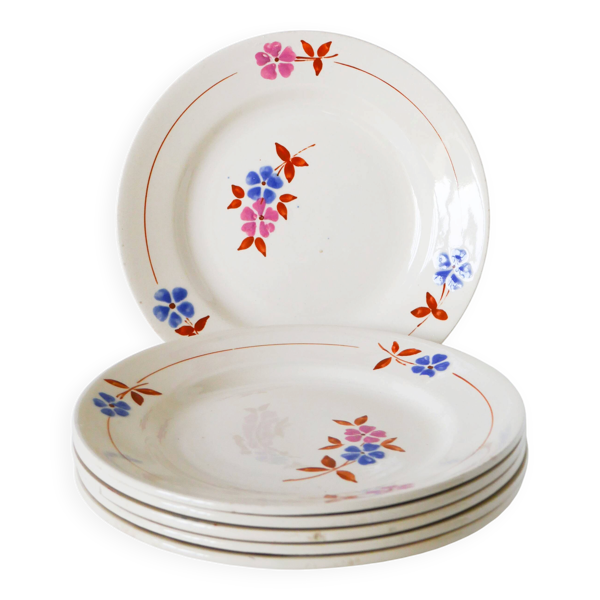 Lot de 6 assiettes à dessert, Moulin des Loups, Rose, Bleu & Marron, 1950