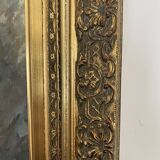 Old oil painting on canvas attributed to R. SCHWAB. Village vintage gilded wood frame 65 x 80 cm