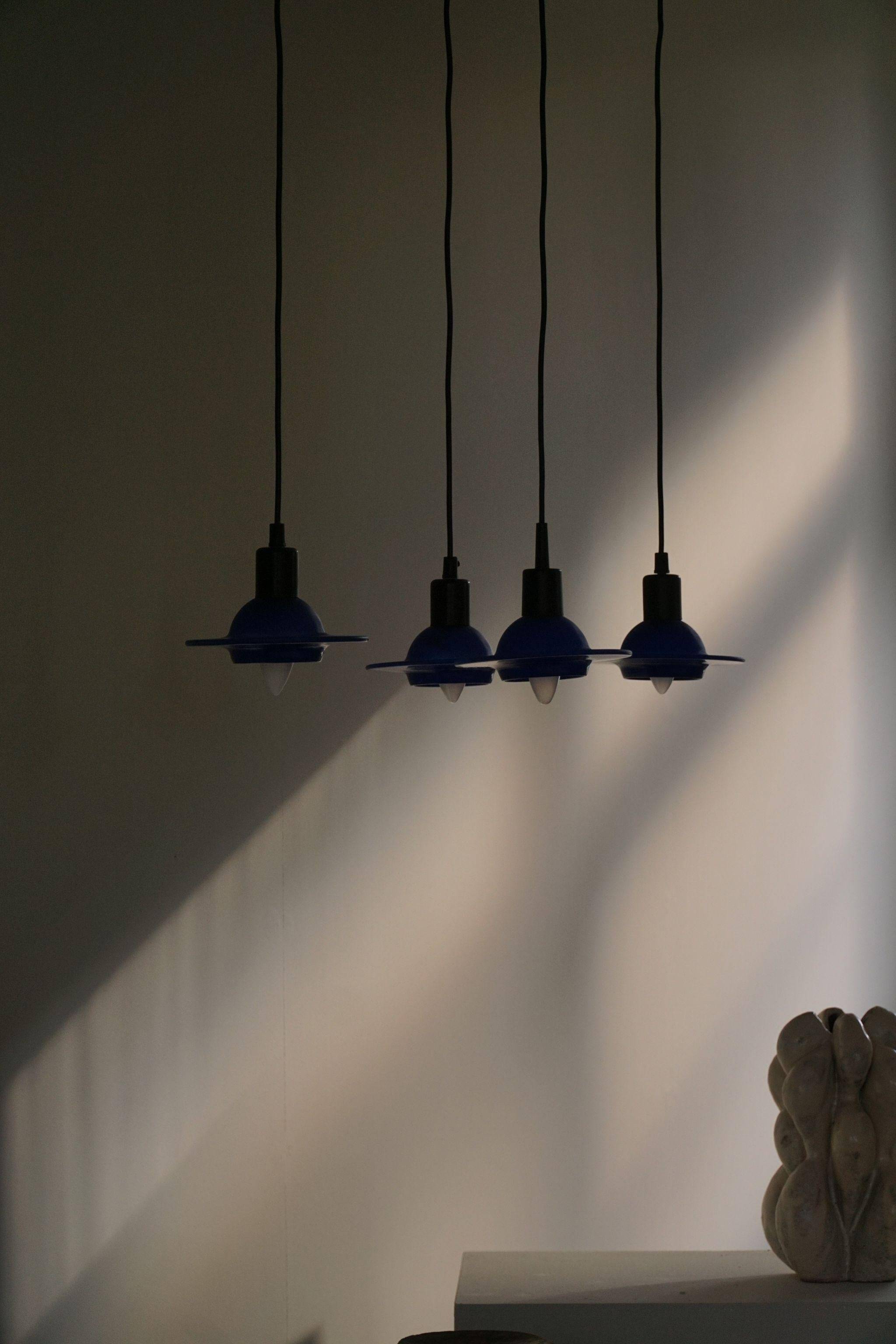 Set of 4 vintage blue glass pendants, made by Design Light A/S, Denmark, 1990s.