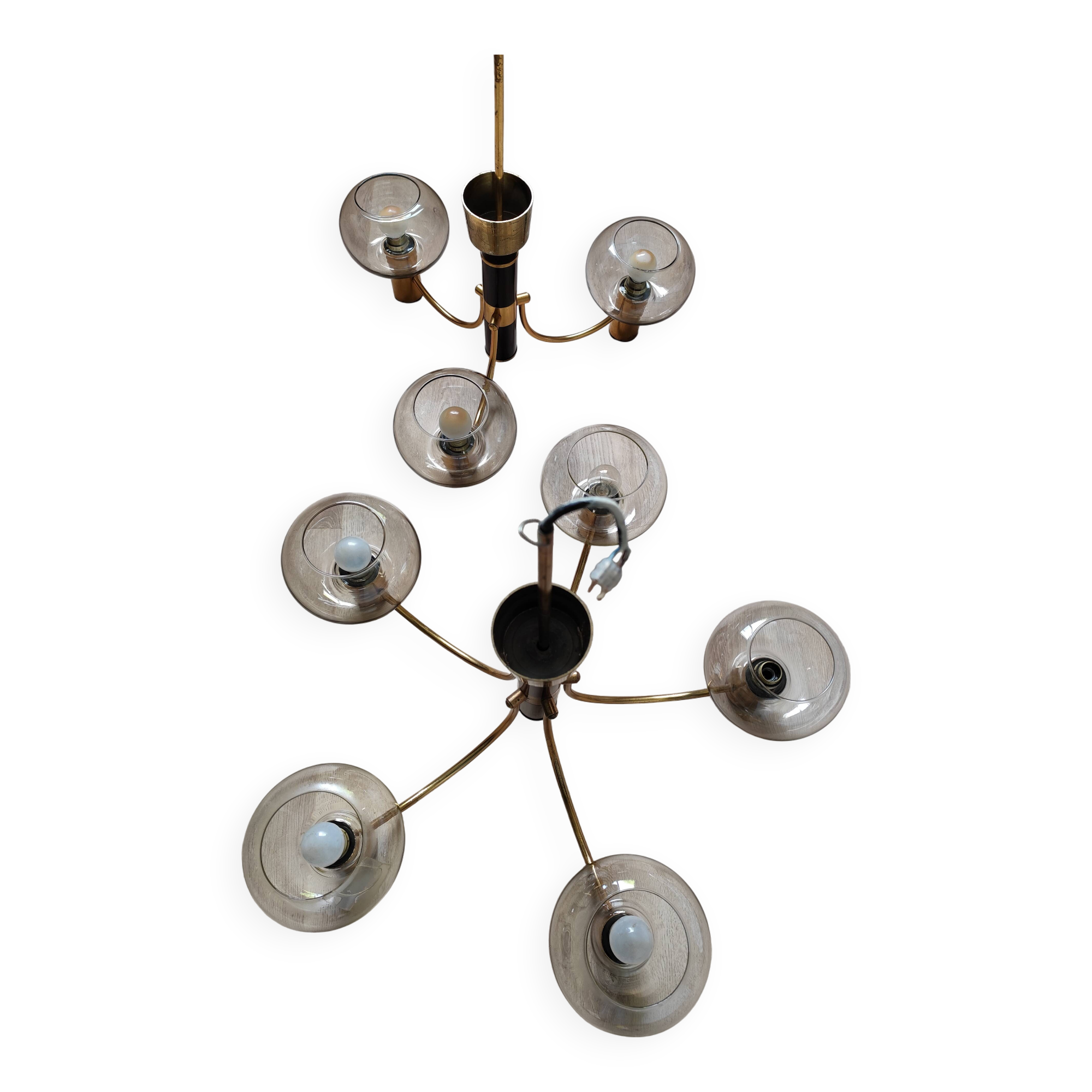 Pair of matching brass and bakelite chandeliers, 3 and 5 branches, 70s milk