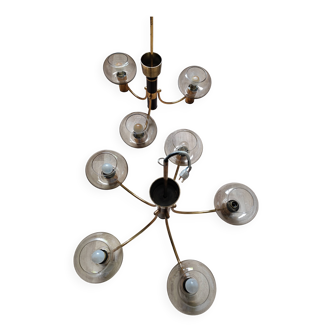 Pair of matching brass and bakelite chandeliers, 3 and 5 branches, 70s milk
