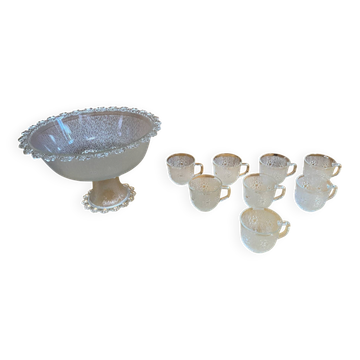 Coupe + 8 tasses masserini barocco verre moulé rang de perles vintage