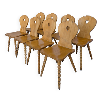 Set of 8 Vintage Tyrolean Heart Cutout Wooden Dining Chairs, Rustic Farmhou