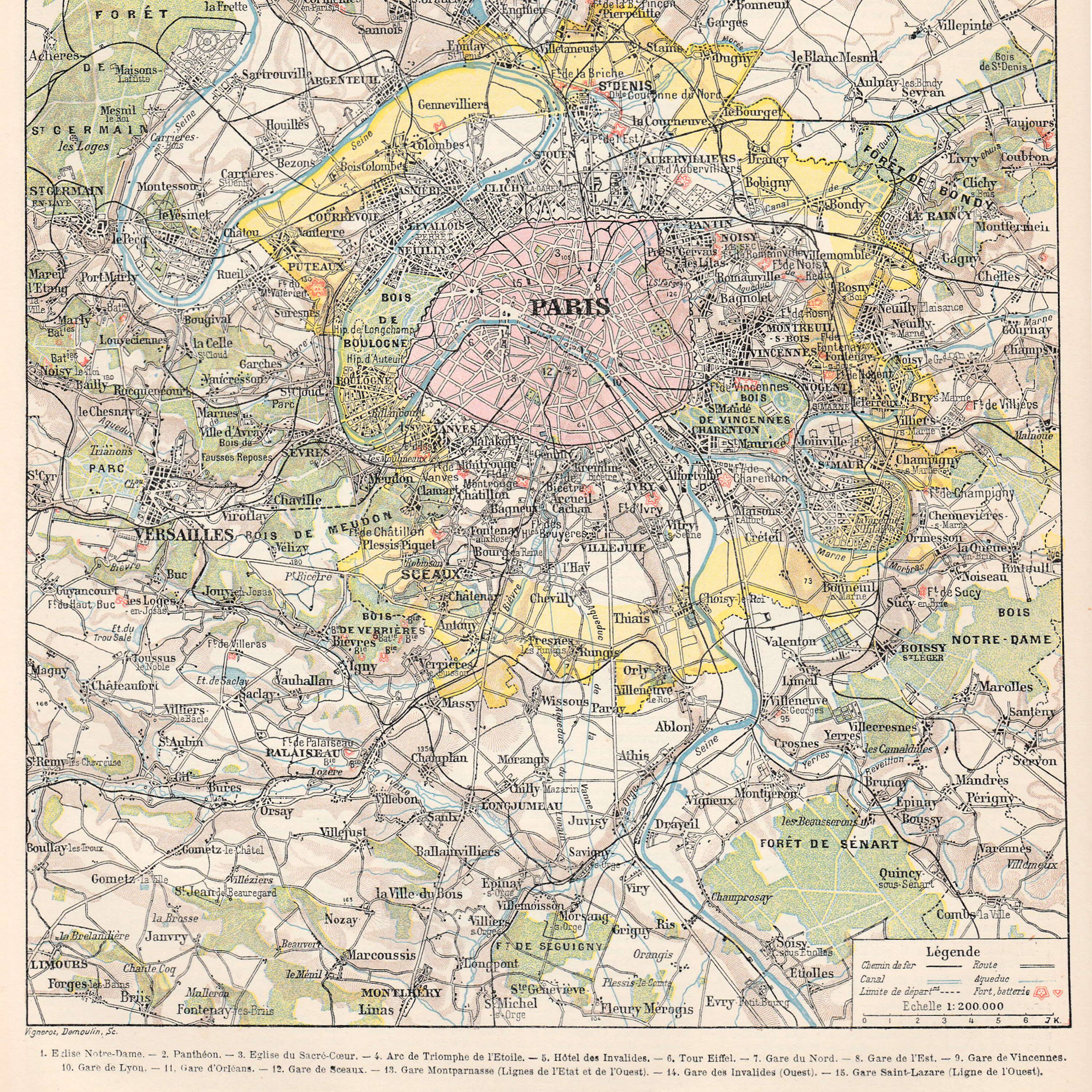 Old map of Paris and its surroundings late 19th century