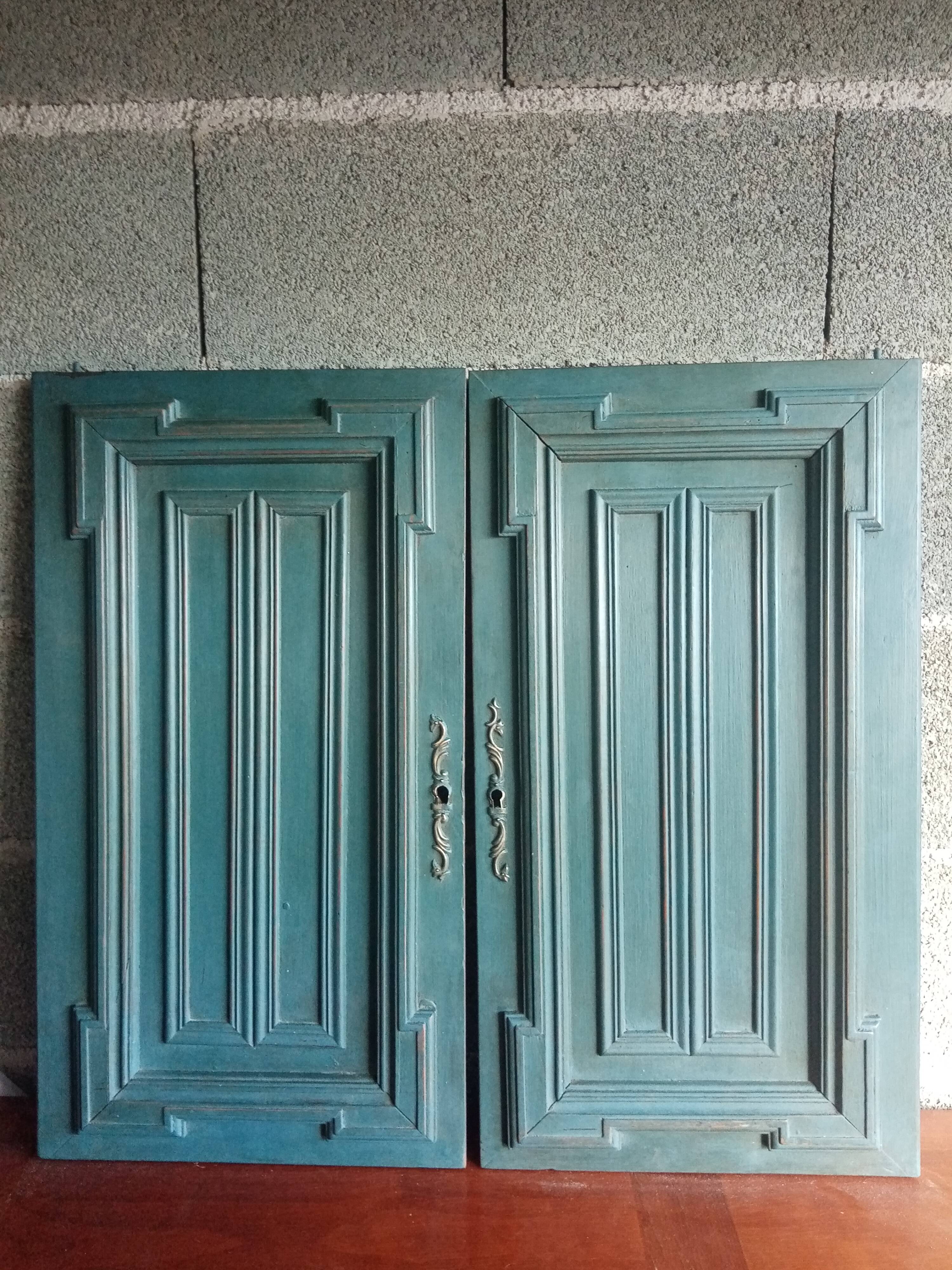 Pair Old Patinated Door Blue Aubusson Wooden Door Deco