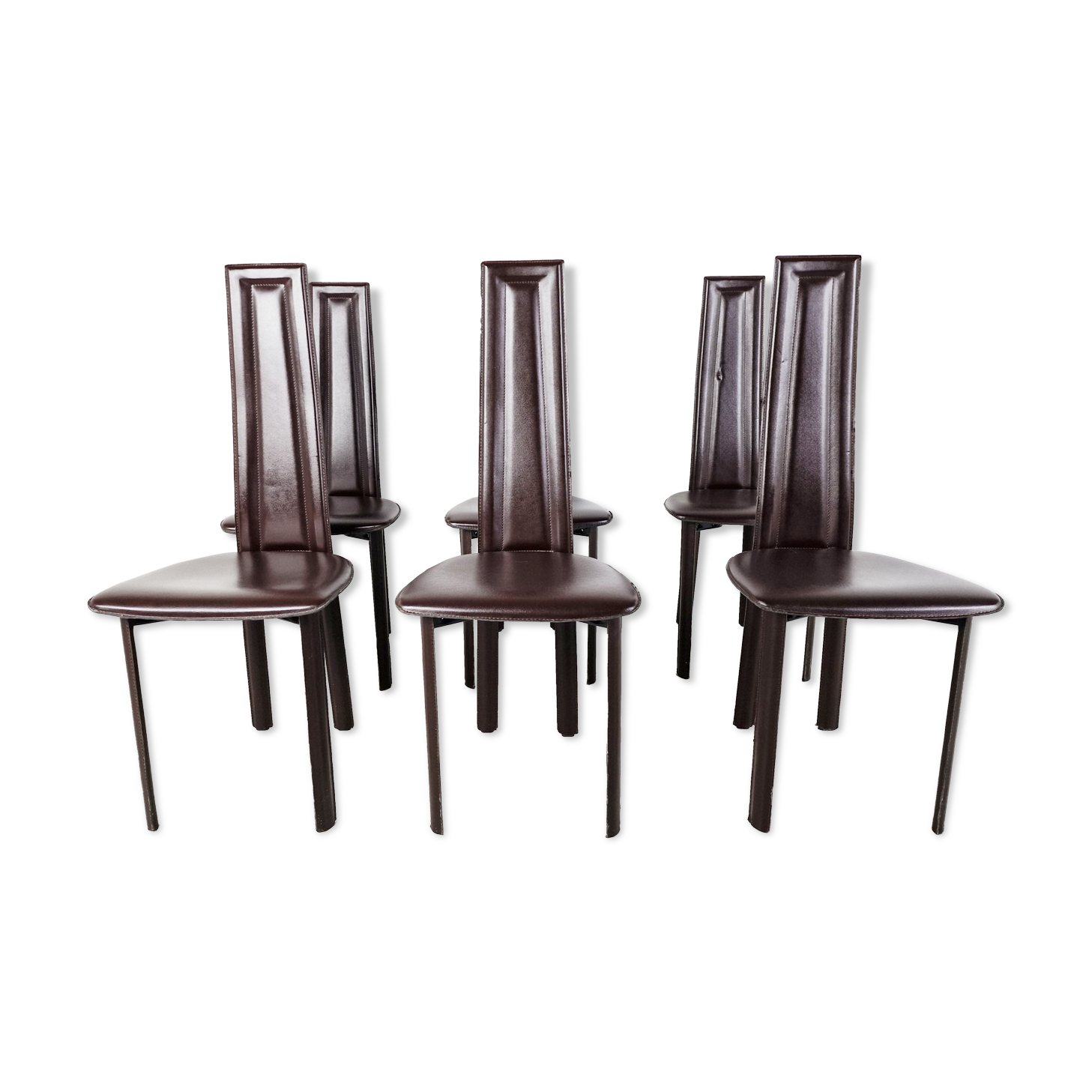 Vintage brown leather dining chairs, set of 6, 1980s