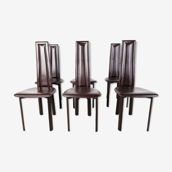 Chaises de salle à manger en cuir marron vintage, 1980