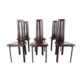 Vintage brown leather dining chairs, set of 6, 1980s