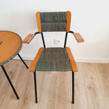 Pair of armchairs and vintage coffee table straw, wood and metal