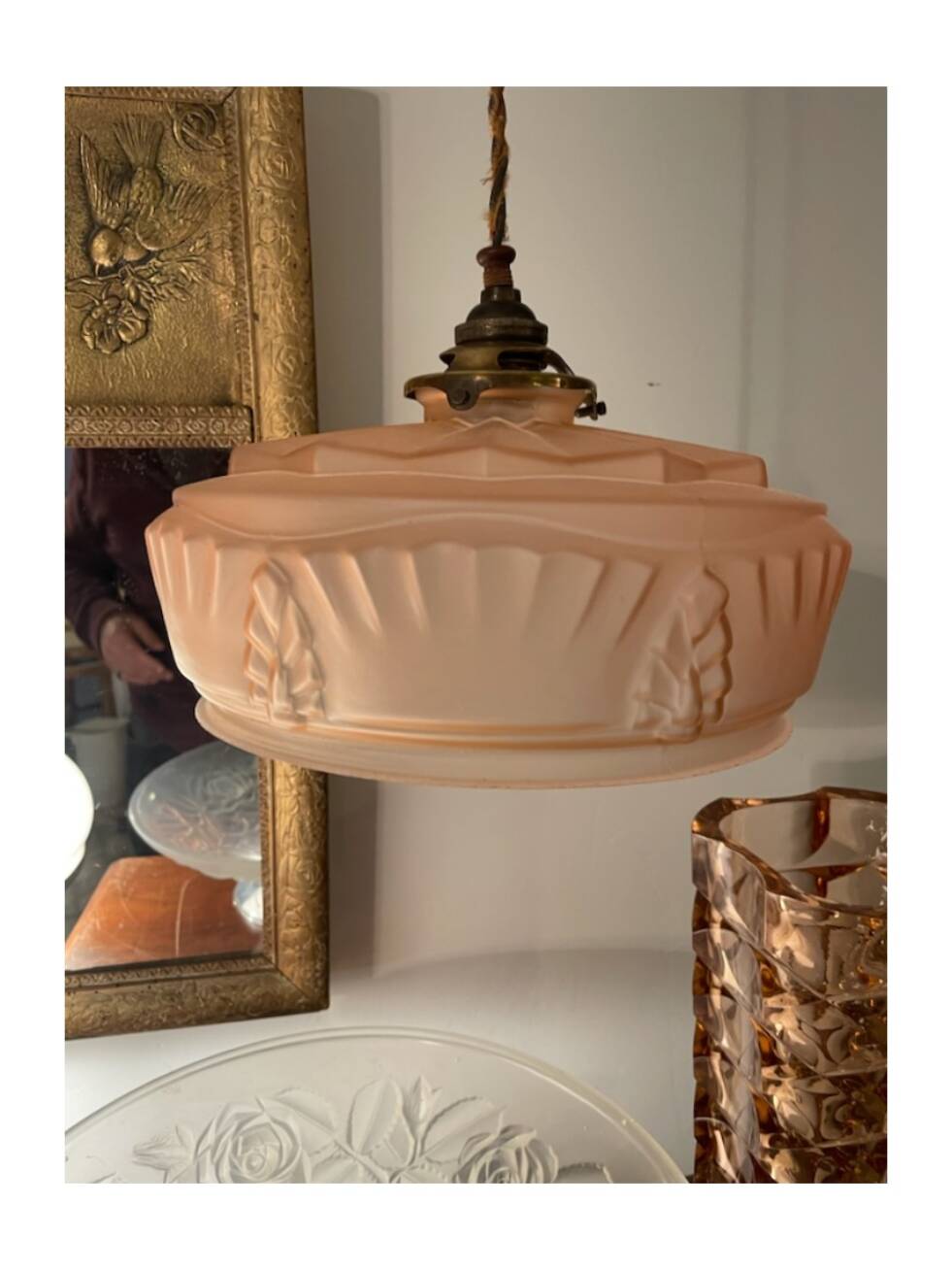 Art Deco pink opaline pendant light