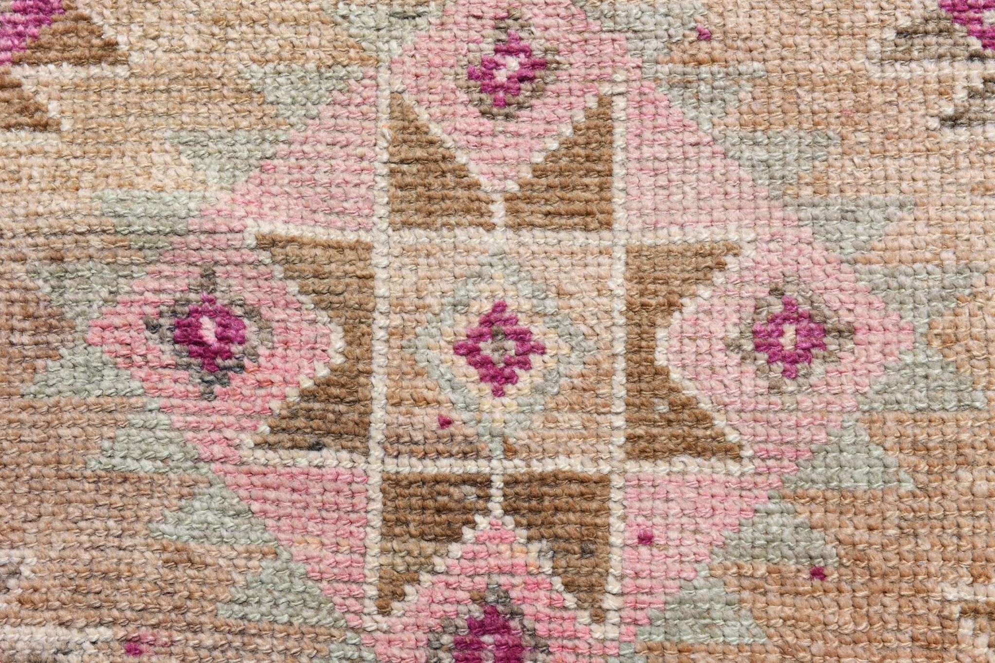 Fuchsia & Pink Vintage Runner Rug,Anatolian Geometric Wool Carpet,80x364 Cm