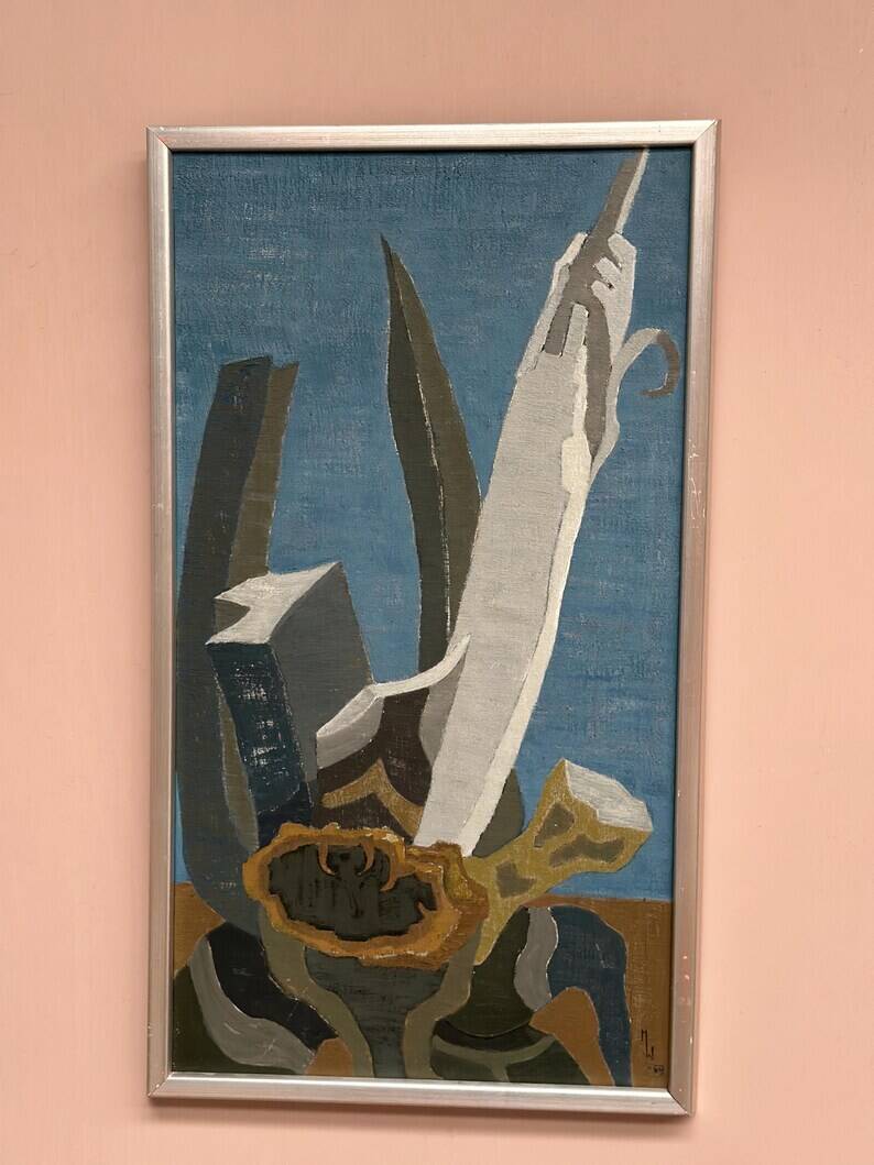 Original Swedish Oil on Canvas – "Aqave" by Marit Wahlström Schönbäck – Signed – Dated 1969 – Framed – 37 × 64 cm