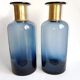 2 blue glass bottle vases with gold necks, 30 cm high
