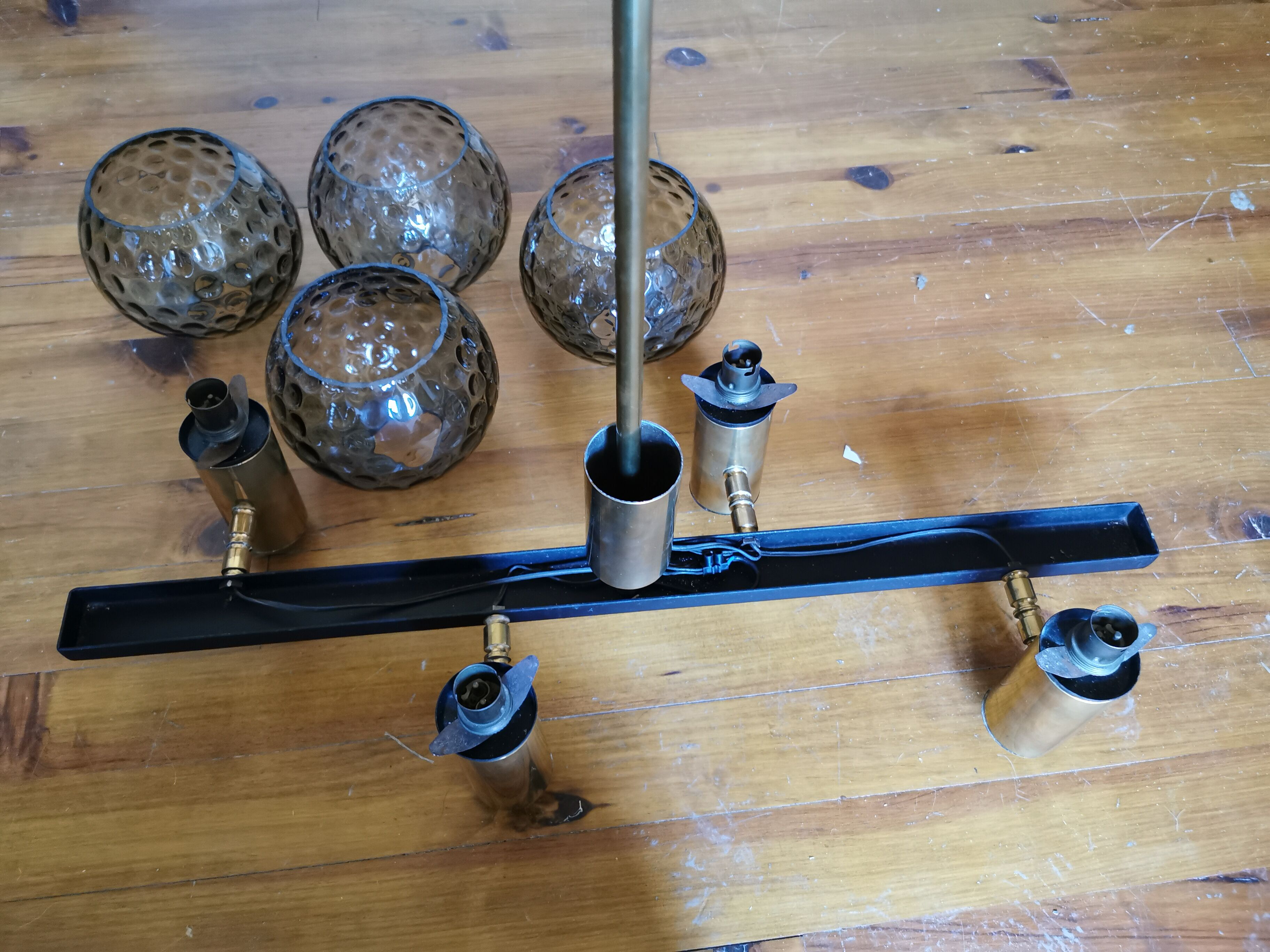 Vintage metal painted chandelier, brass and glass.