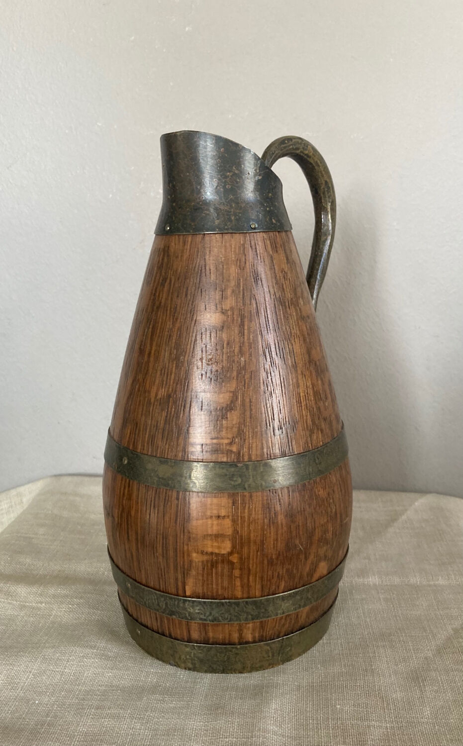 Beaune brandy pitcher in solid oak with brass rims 1970s