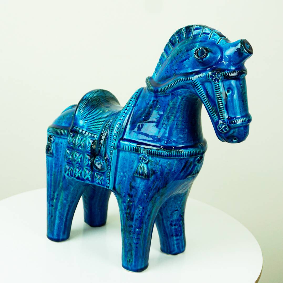 Italian ceramic horse Rimini Blu from the mid-century by Aldo Londi for Bitossi.