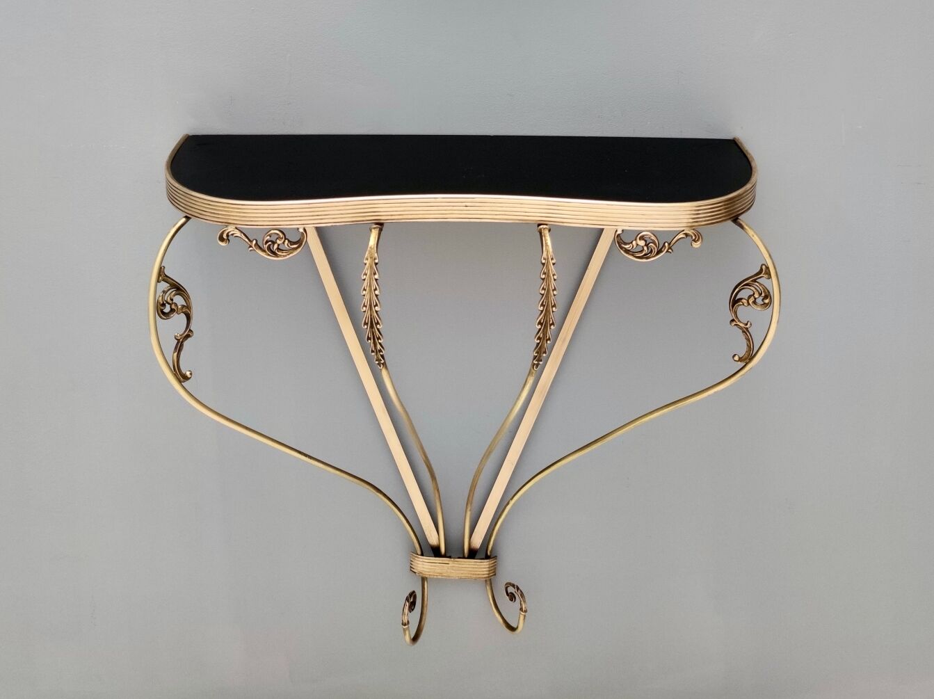 Vintage Wall Mounted Brass Console Table With Demilune Black Glass Top, Italy