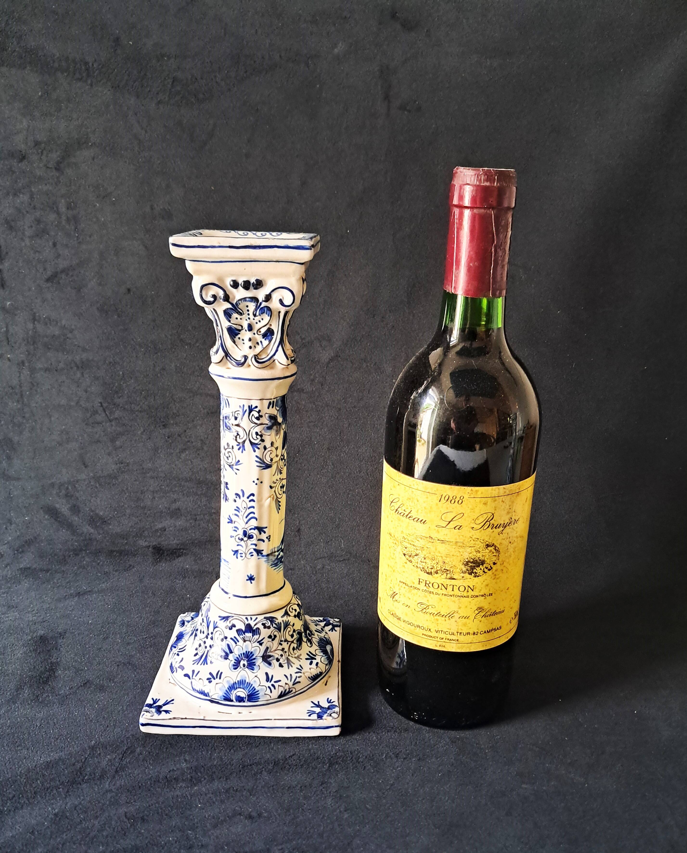 Antique Pair of Column Candlesticks in Blue and White Delftware