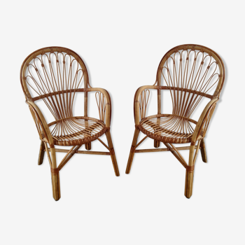 Duo of 70s rattan armchairs