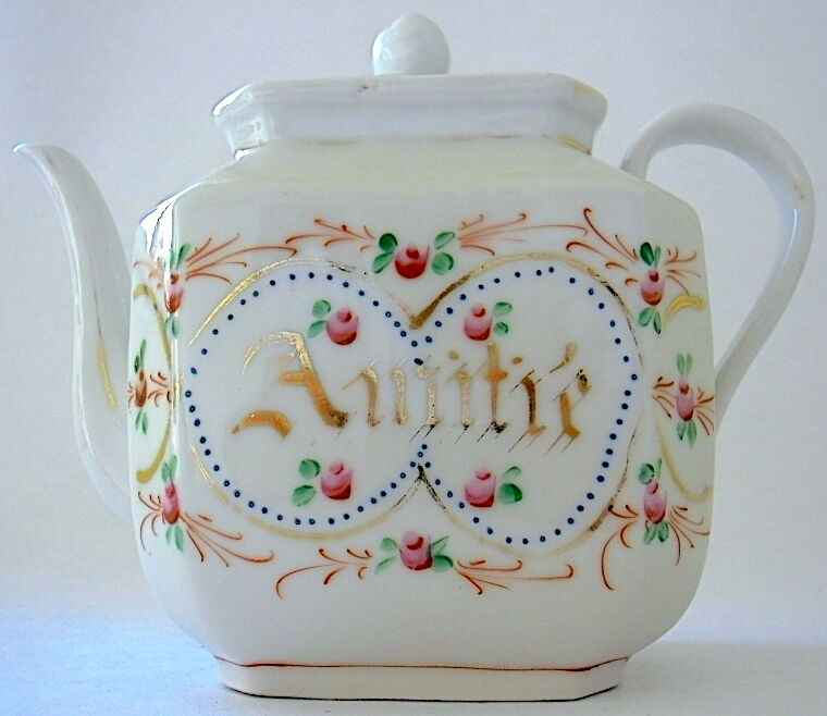 Rectangular teapot in Paris porcelain captioned "Friendship"