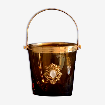 Vintage amber colored opaline medallion ice bucket.