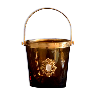 Vintage amber colored opaline medallion ice bucket.