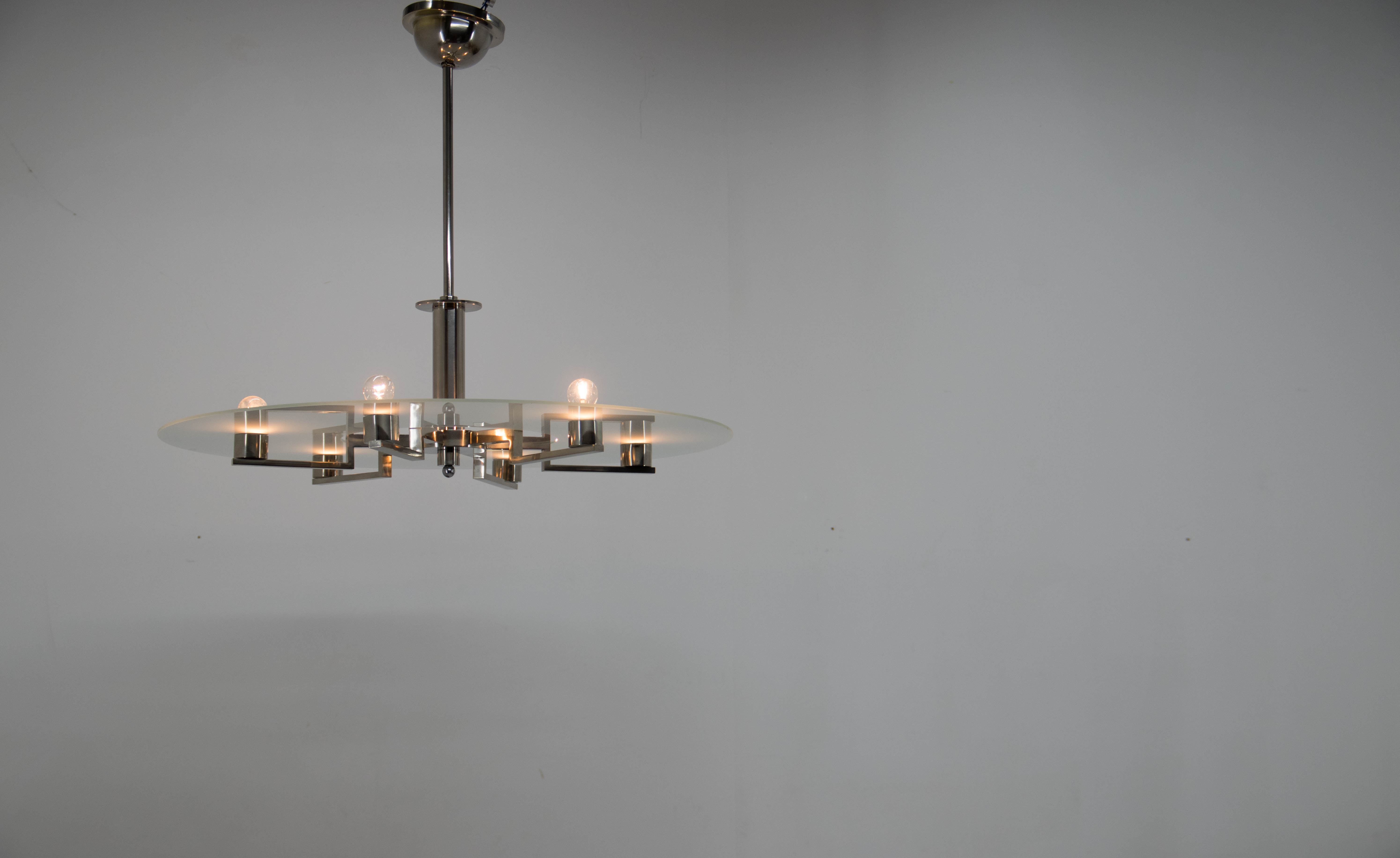 Functionalist 6-flamming Nickel-plated Chandelier, 1930s