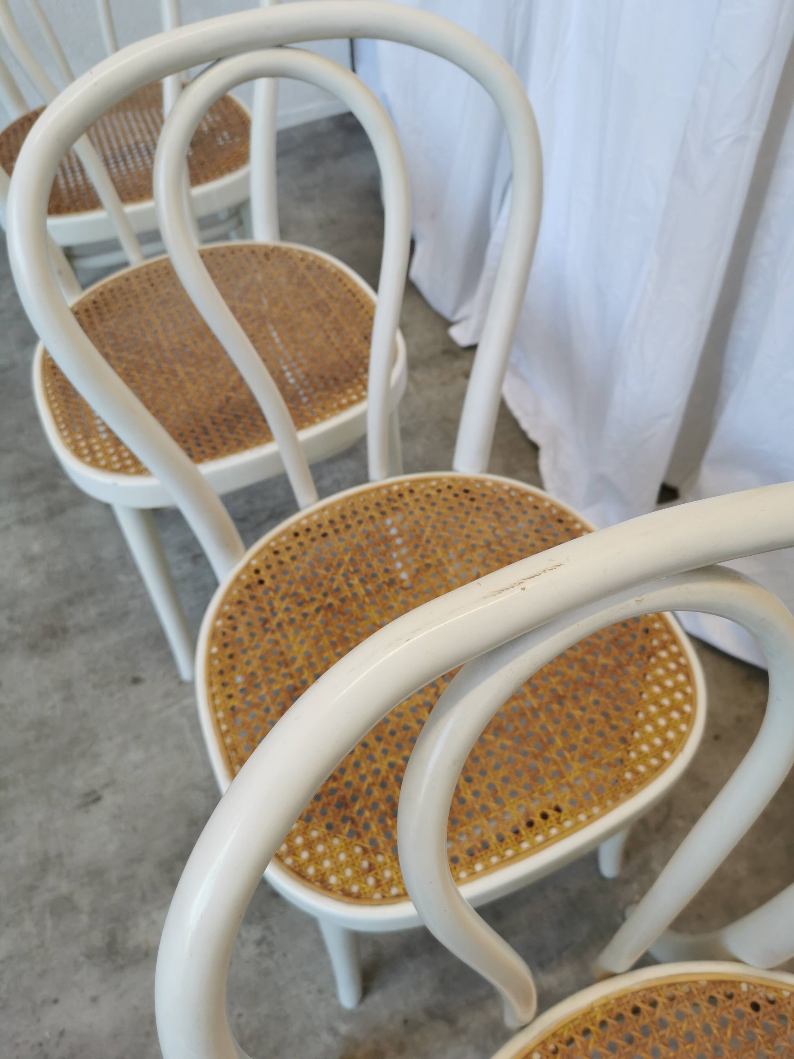Set of 4 Vintage Thonet Style Dining Chairs: White Wood & Cane