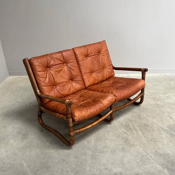 Canapé vintage en bambou et cuir, années 1970