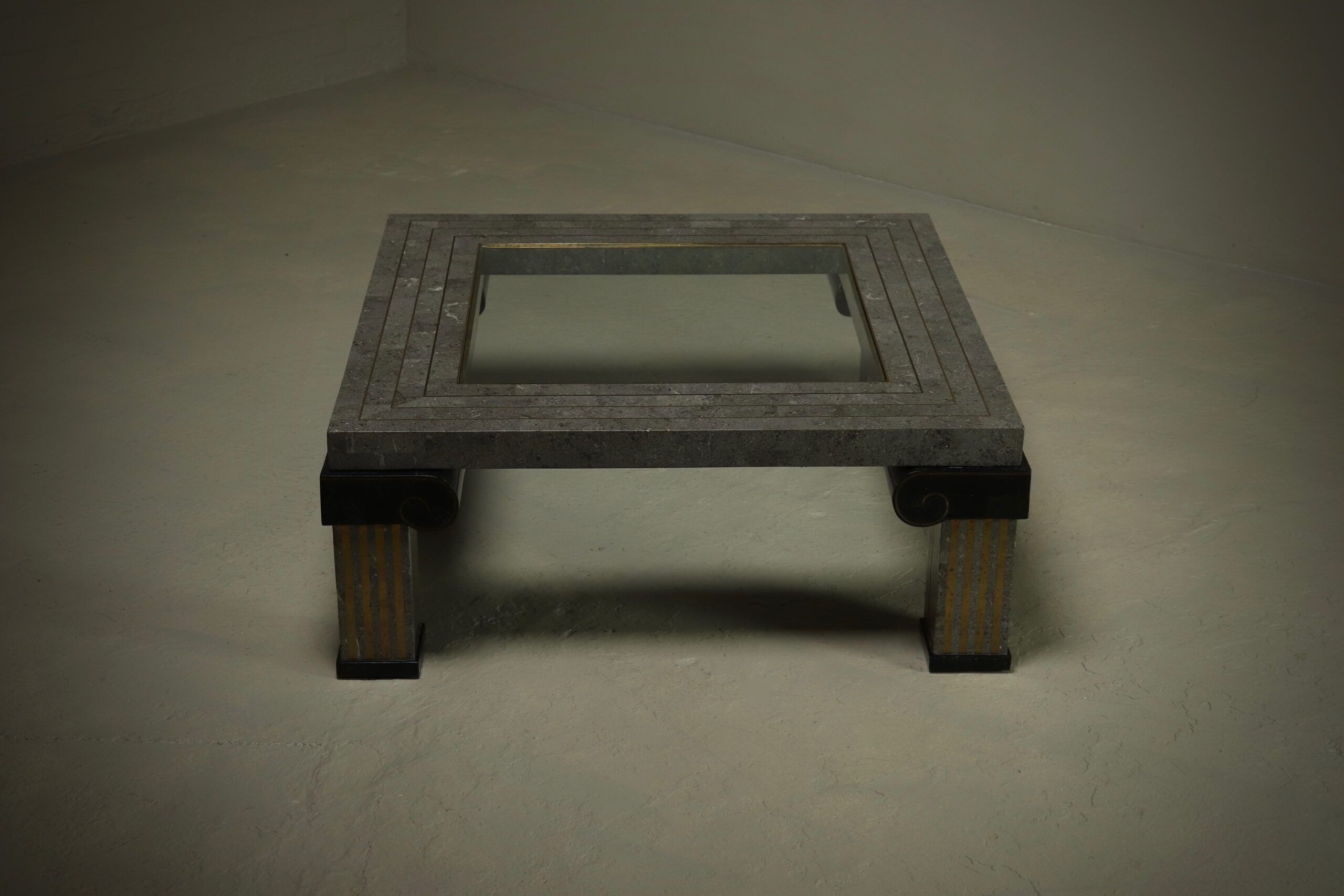 Large Maitland-Smith tessellated stone and brass coffee table 1980s