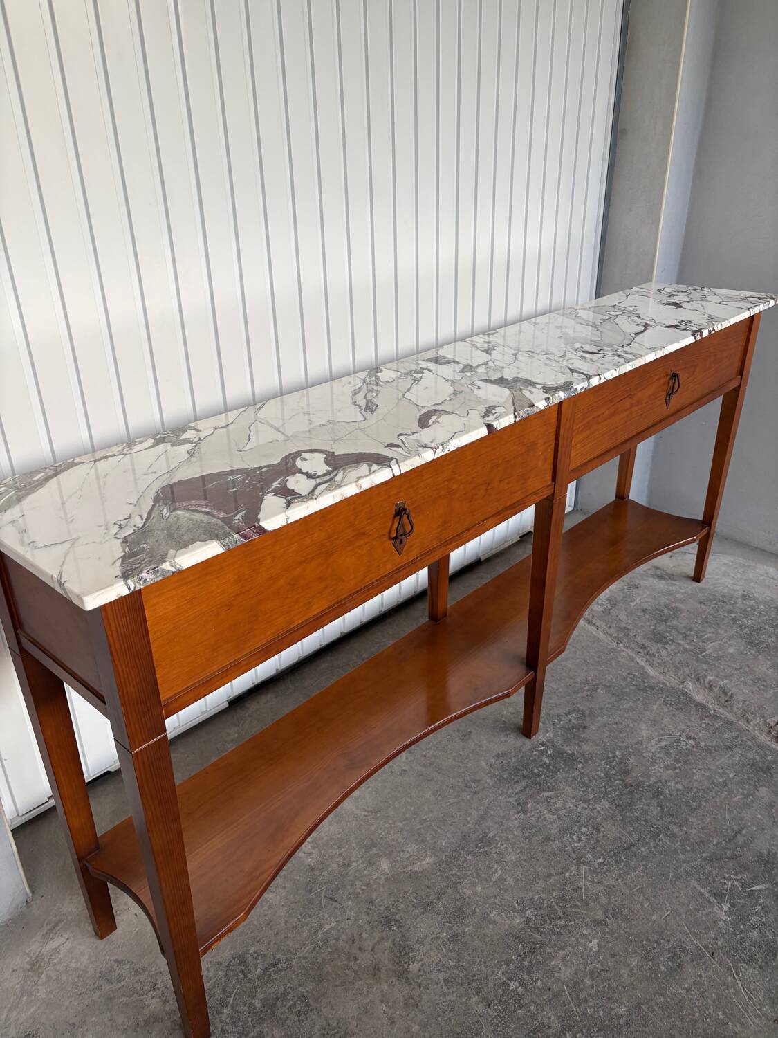 Large console in Calacatta Viola marble & solid cherry wood.