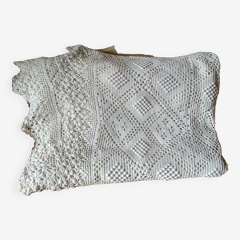 Ecru white cotton bedspread, crocheted bed throw