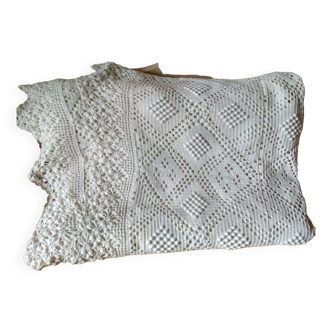 Ecru white cotton bedspread, crocheted bed throw