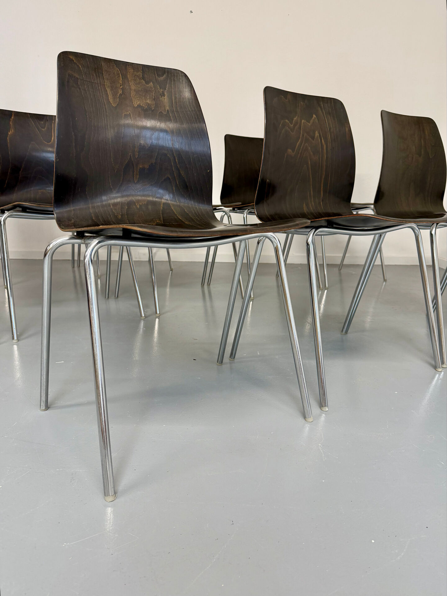 Set of 12 wooden and chrome chairs, Pagholz design from the 80s, vintage Pagwood.