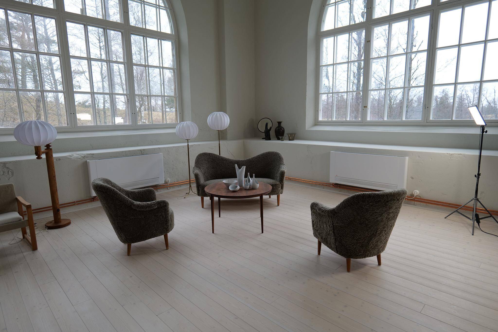 Samspel lounge chairs in sheepskin/mouton modernist mid-century by Carl Malmsten.