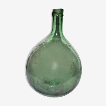Bonbonne dame-jeanne ancienne en verre vert soufflé - bouteille toute ronde 5l