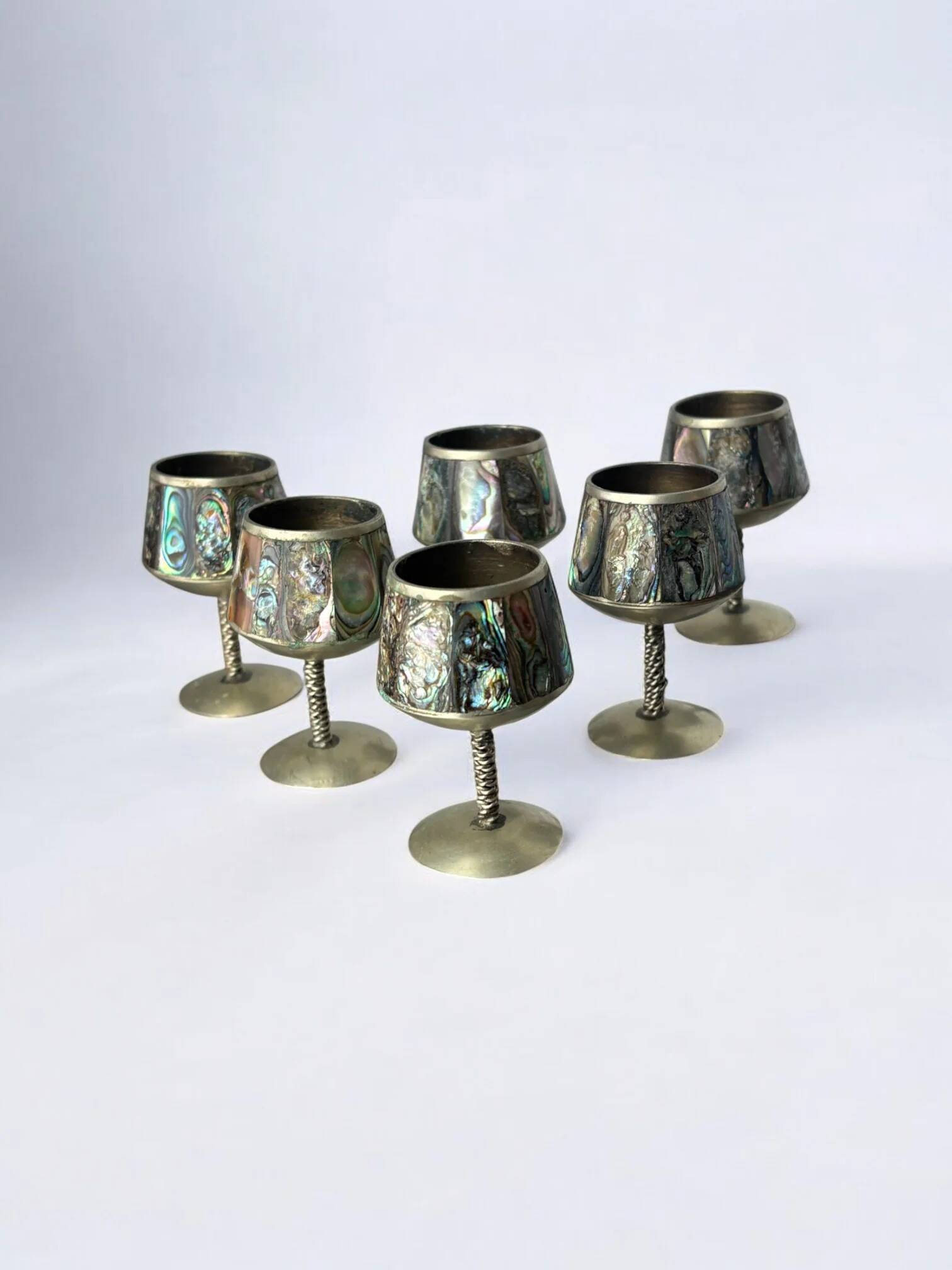 Abalone shell & alpaca shot glasses, set of 6, Mexico, 1970