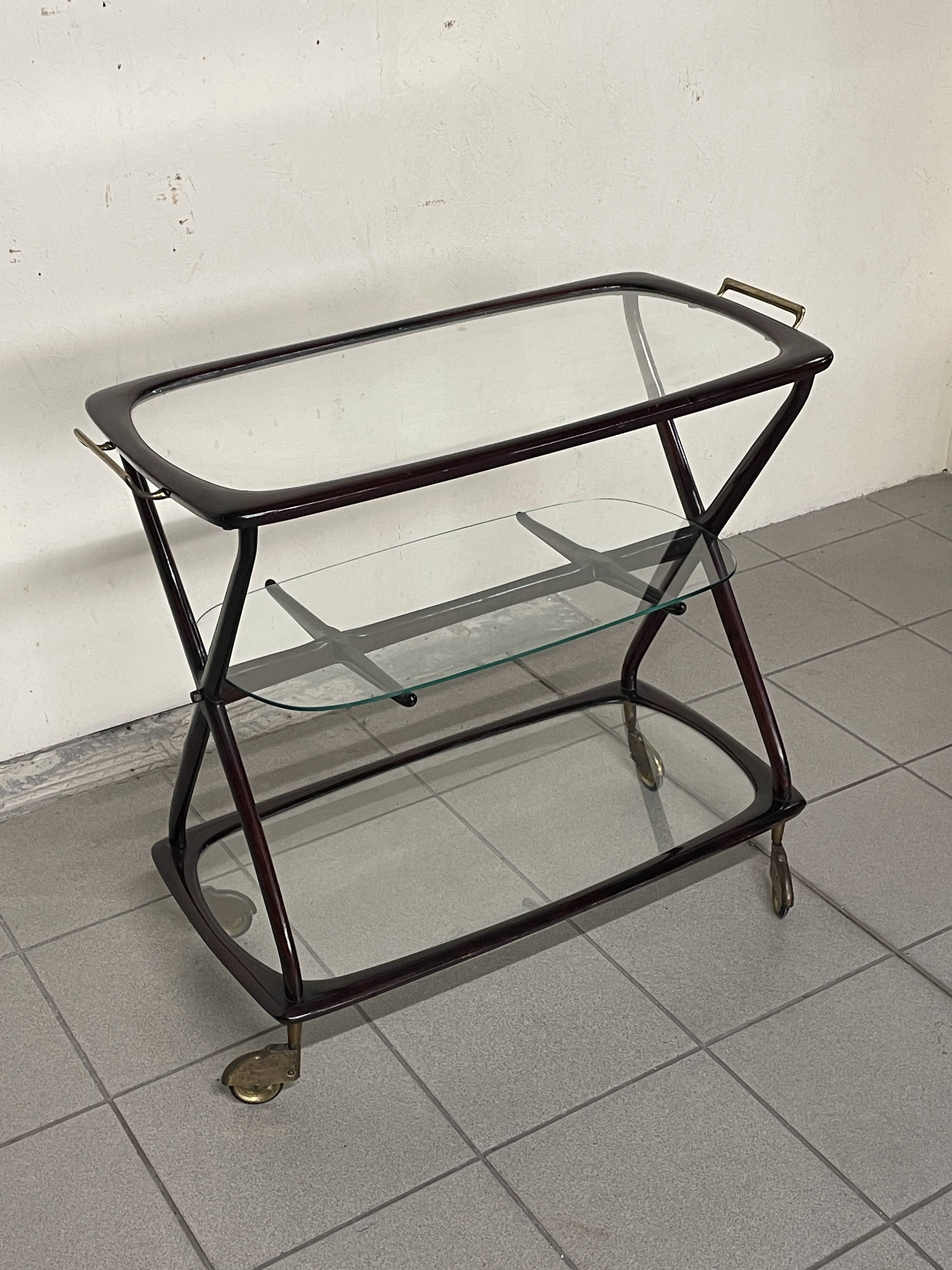 Cesare Lacca 1950 Italian Bar Cart with Brass Wheels