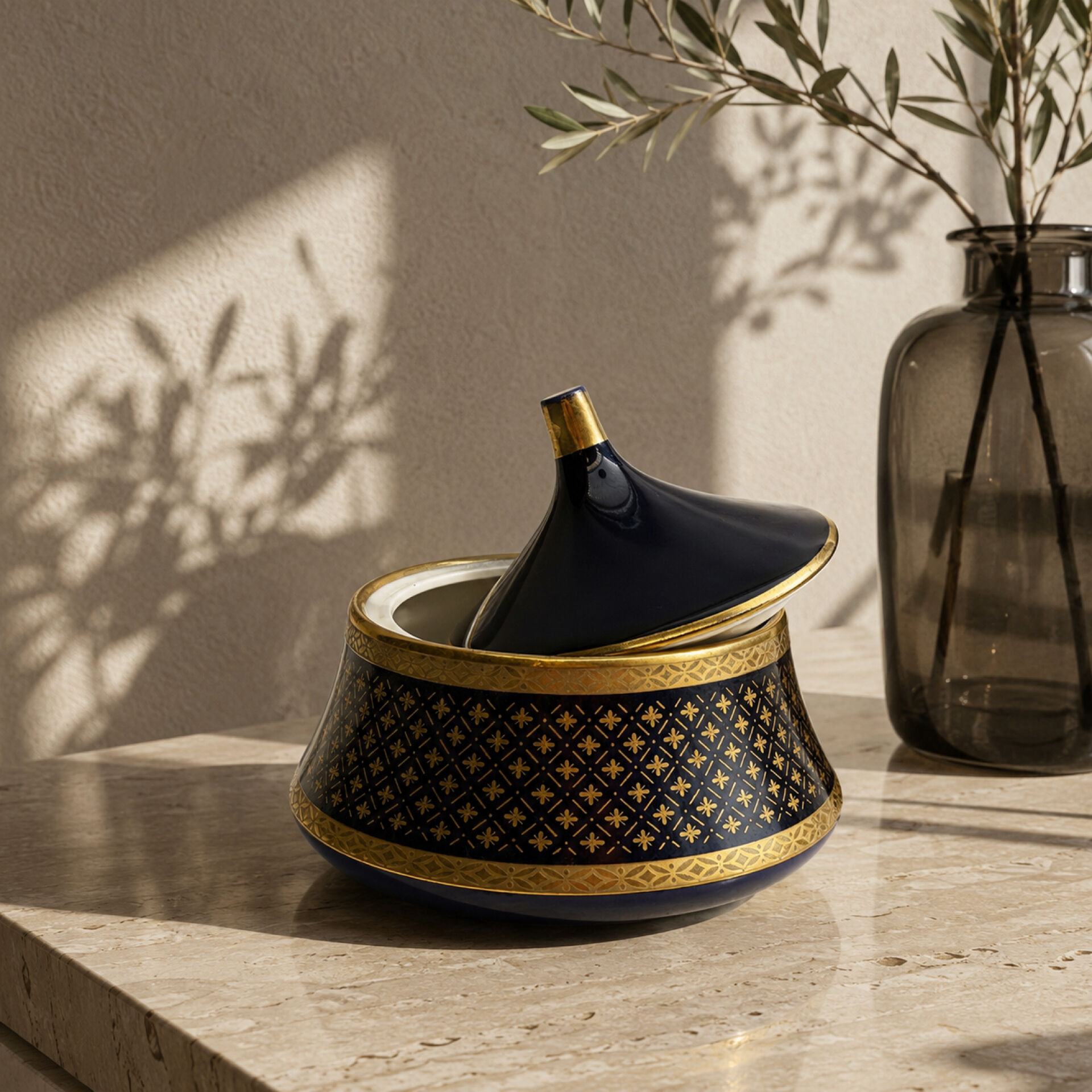 Vintage cobalt blue and gold porcelain bonbonnière.