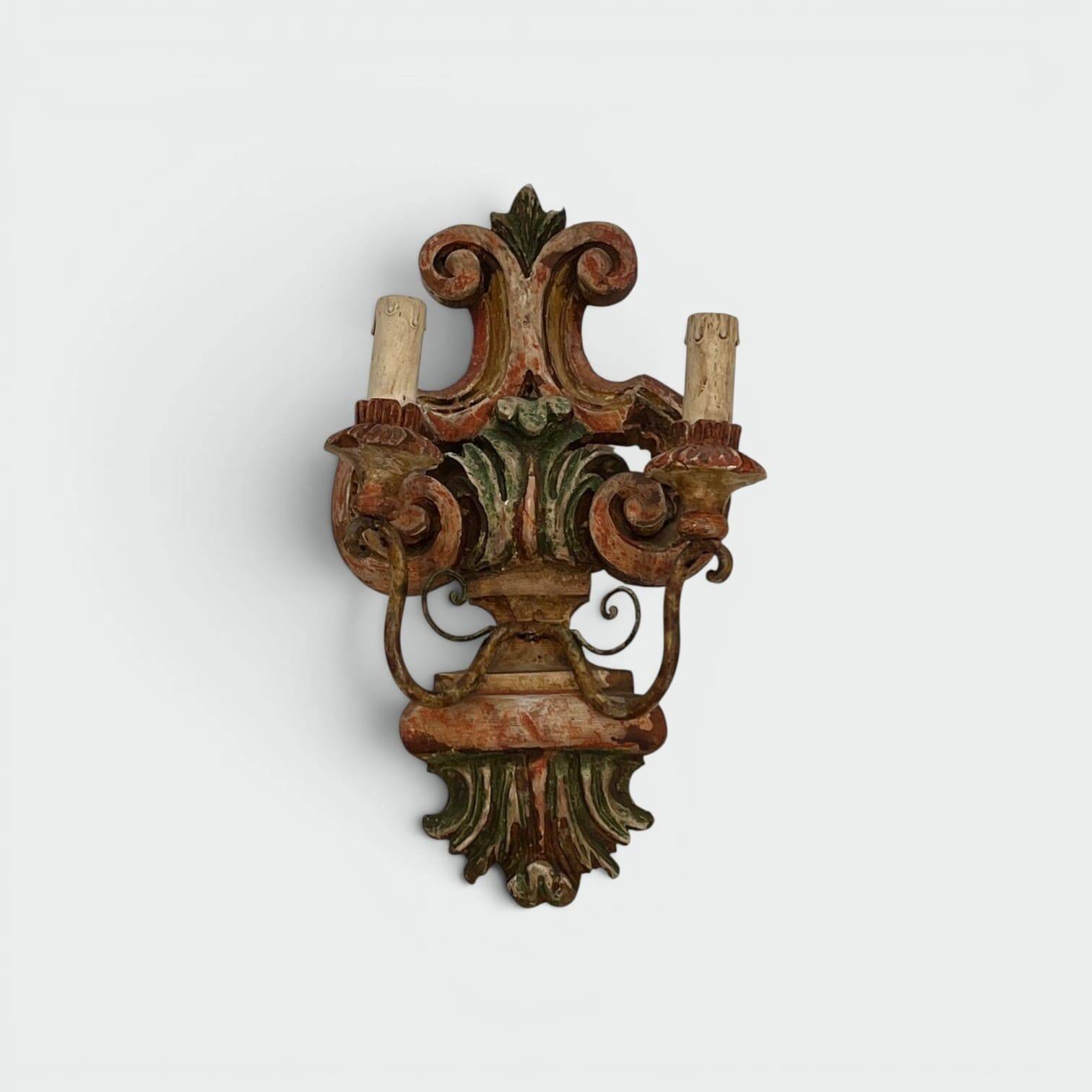 Pair of Polychrome Carved Wood Wall Lights with Vase and Acanthus. Arm in Iron.