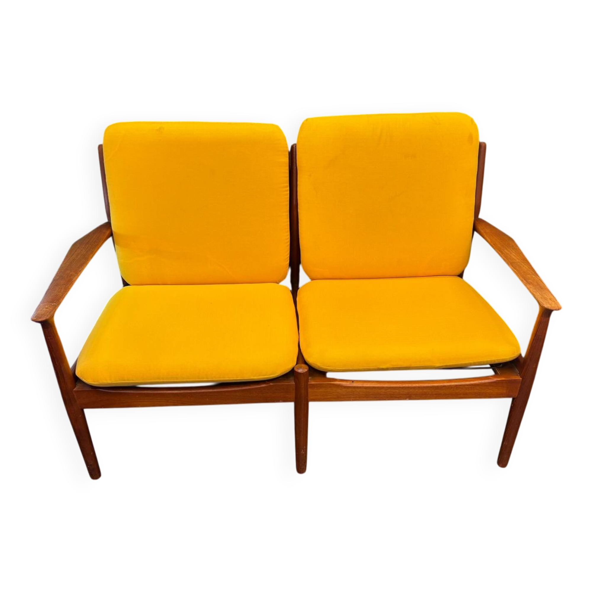 Vintage Scandinavian two-seater bench with mustard yellow cushions.