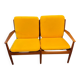 Vintage Scandinavian two-seater bench with mustard yellow cushions.