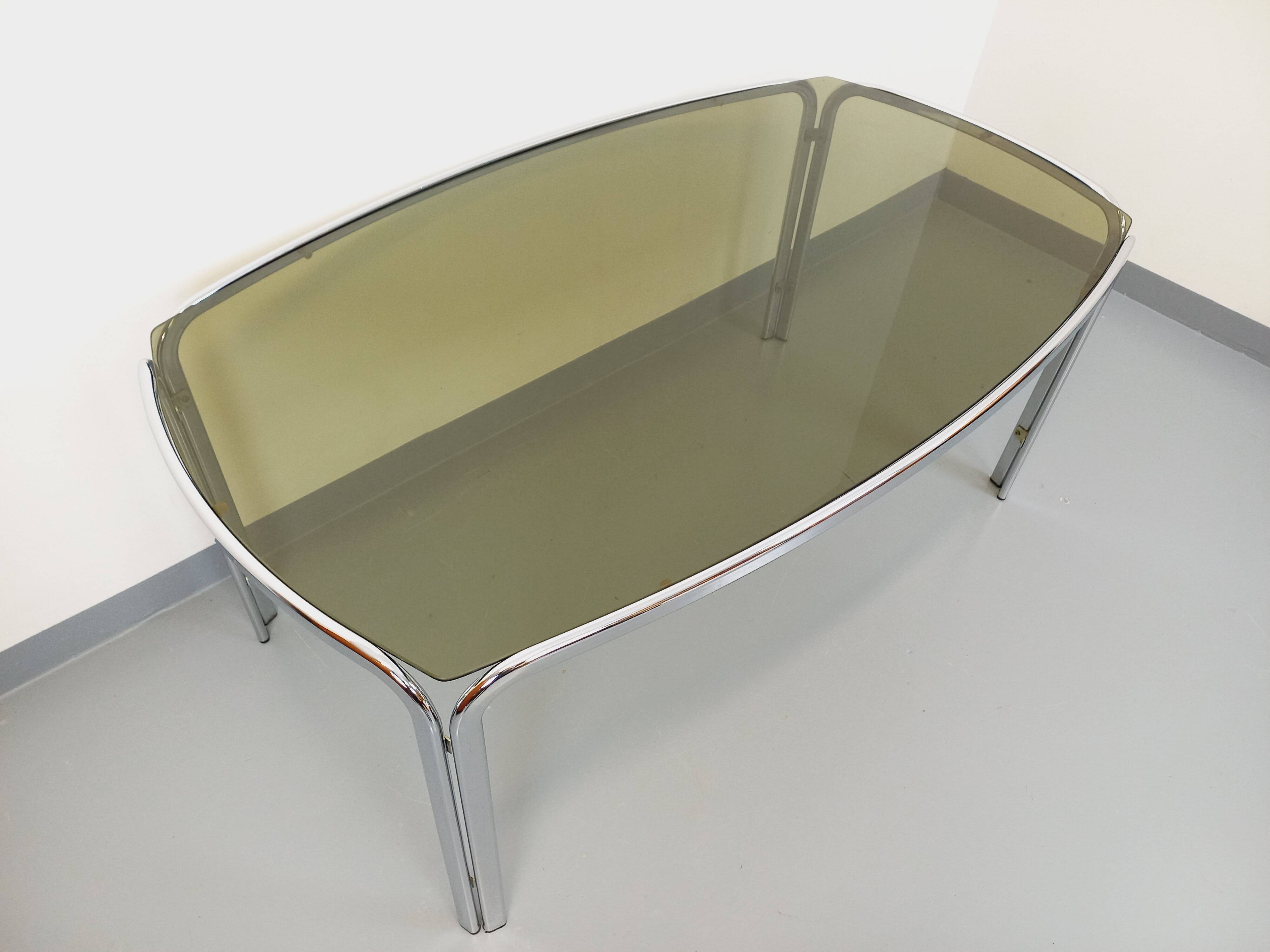 Vintage curved rectangular dining table in smoked glass and chrome metal