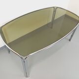 Vintage curved rectangular dining table in smoked glass and chrome metal
