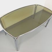 Vintage curved rectangular dining table in smoked glass and chrome metal