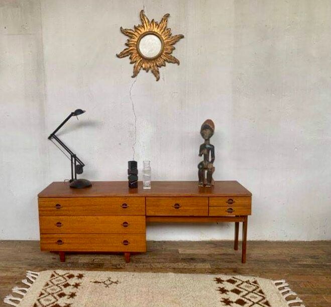 Enfilade teak tv cabinet chest of drawers 6 drawers year 1960 - width 154 cm