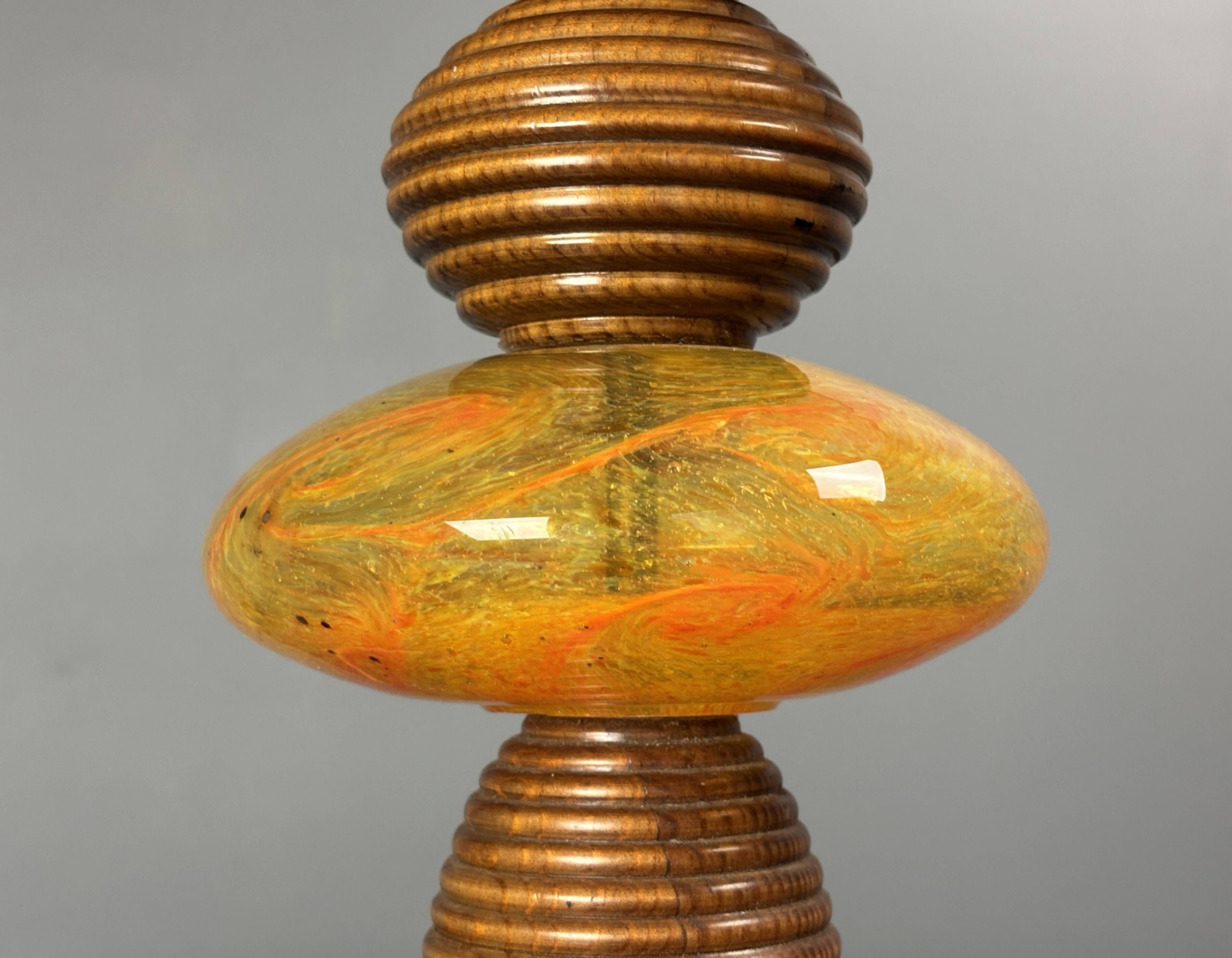 Midcentury wood turned adjustable table lamp with glass sphere, 1970s