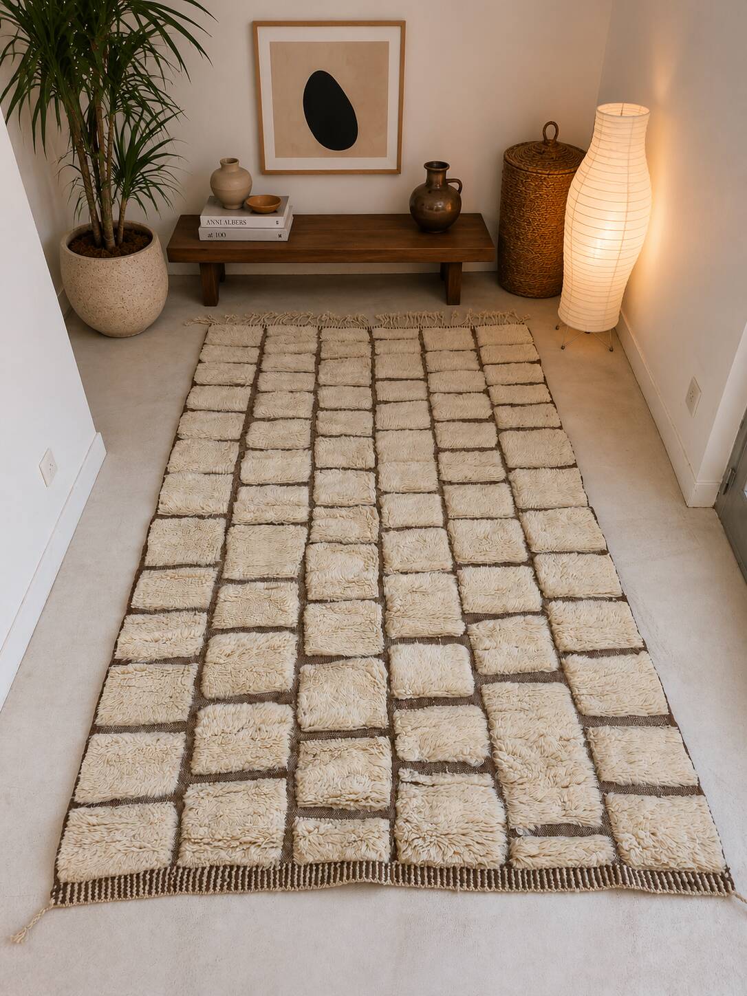 Beni Mrirt Berber Rug Handmade 150x250cm・Textured Paving Pattern・Cream Wool