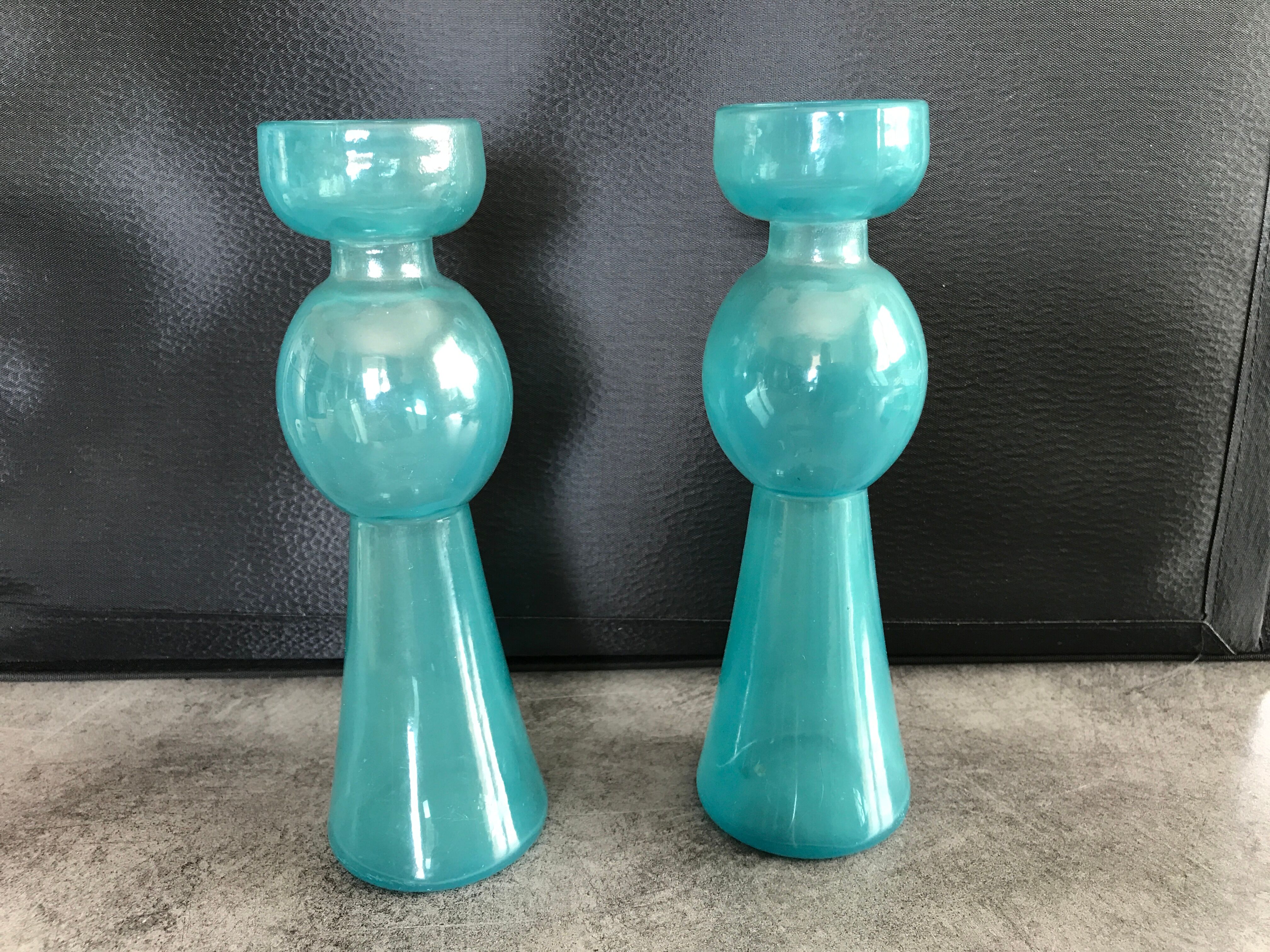 Pair of vintage candlesticks in molded glass turquoise blue 20 cm