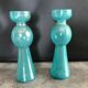 Pair of vintage candlesticks in molded glass turquoise blue 20 cm
